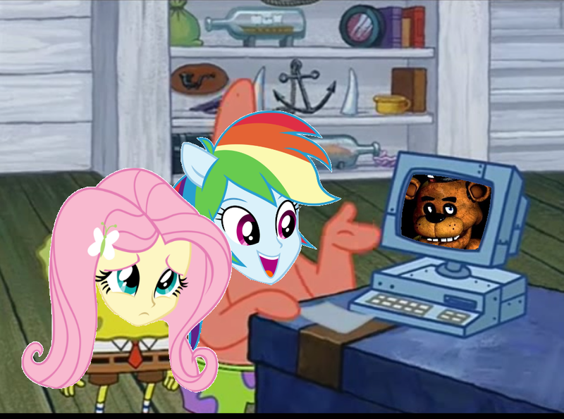 Size: 1024x761 | Tagged: safe, derpibooru import, edit, edited screencap, screencap, fluttershy, rainbow dash, equestria girls, computer, crossover, five nights at freddy's, freddy fazbear, image, patrick star, png, spongebob squarepants, spongebob squarepants (character), wet painters