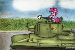 Size: 2560x1700 | Tagged: artist:bacbko, bt-7a, derpibooru import, pinkie pie, safe, soviet, tank (vehicle), traditional art