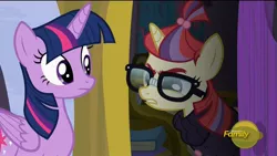 Size: 1920x1080 | Tagged: safe, derpibooru import, screencap, moondancer, twilight sparkle, twilight sparkle (alicorn), alicorn, pony, amending fences, broken glasses, door, female, hikikomori, mare