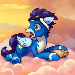 Size: 1500x1500 | Tagged: artist:kp-shadowsquirrel, clothes, cloud, cloudy, derpibooru import, food, gasp, goggles, looking back, open mouth, pie, prone, safe, soarin', solo, that pony sure does love pies, uniform, wonderbolts uniform