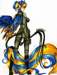 Size: 2491x3300 | Tagged: artist:divinekitten, cat o' ninetails, derpibooru import, eared humanization, human, humanized, humanized oc, oc, oc:chloe, safe, solo, tailed humanization, traditional art, unofficial characters only, whip, winged humanization, wings