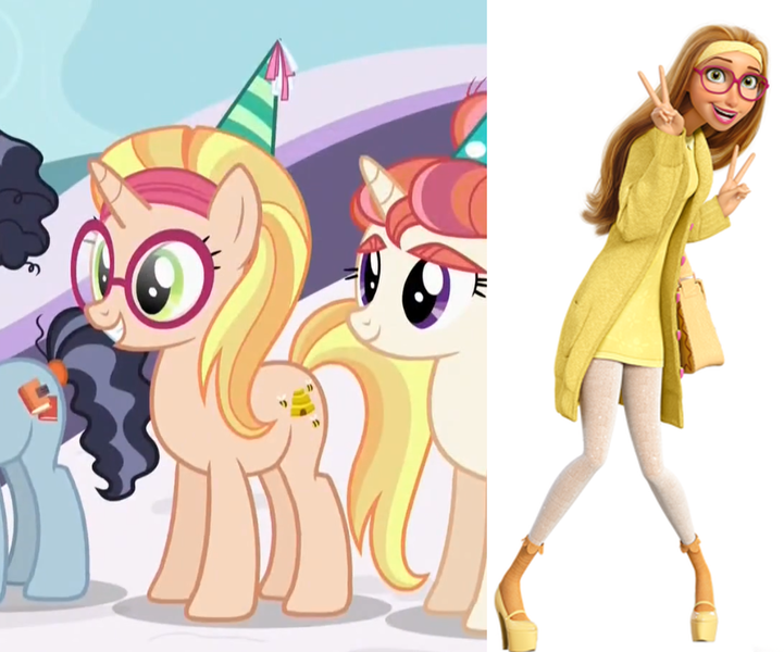 Size: 921x766 | Tagged: safe, derpibooru import, screencap, booksmart, honey lemon, moondancer's sister, morning roast, ponified, pony, unicorn, amending fences, big hero 6, bookseller, comparison, hat, looking at you, open mouth, party hat, peace sign, smiling