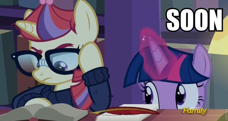 Size: 960x511 | Tagged: alicorn, amending fences, book, bookshelf, bubble of silence, caption, derpibooru import, image macro, meme, moondancer, safe, soon, text, twilight sparkle, twilight sparkle (alicorn)