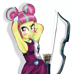 Size: 632x642 | Tagged: safe, artist:fromamida, derpibooru import, sour sweet, equestria girls, friendship games, arm behind head, armpits, arrow, blushing, bow (weapon), bow and arrow, clothes, crystal prep academy, crystal prep shadowbolts, female, freckles, smiling, solo, weapon