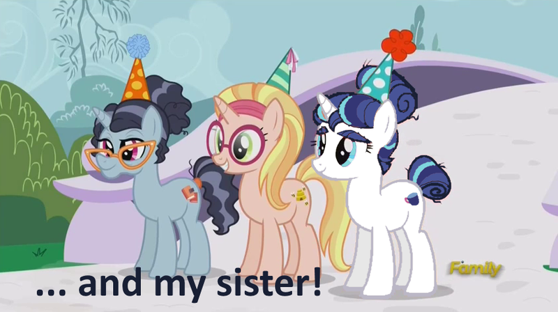 Size: 848x475 | Tagged: safe, derpibooru import, edit, edited screencap, screencap, booksmart, honey lemon, moondancer's sister, morning roast, shining armor, pony, unicorn, amending fences, female, glasses, gleaming shield, hat, mare, party hat, recolor, rule 63, smiling, trio