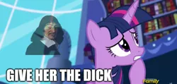 Size: 979x467 | Tagged: suggestive, derpibooru import, twilight sparkle, twilight sparkle (alicorn), alicorn, pony, amending fences, caption, female, frown, give her the dick, gritted teeth, image macro, mare, meme, rené descartes, text, vulgar