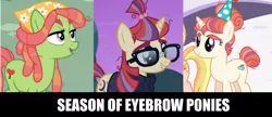 Size: 1308x567 | Tagged: safe, derpibooru import, screencap, moondancer, moondancer's sister, morning roast, tree hugger, earth pony, pony, unicorn, amending fences, bandana, bushy brows, caption, collage, cropped, eyebrows, female, glasses, hat, image macro, mare, meme, party hat, text, thick eyebrows