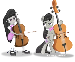 Size: 3814x3188 | Tagged: safe, artist:vector-brony, derpibooru import, octavia melody, pony, equestria girls, rainbow rocks, bipedal, bow (instrument), bowtie, cello, cello bow, cello strings, clothes, human ponidox, looking at each other, musical instrument, raised eyebrow, self paradox, self ponidox, signature, simple background, sitting, square crossover, standing, transparent background, vector