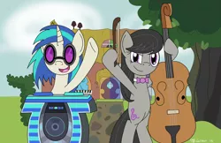 Size: 1600x1035 | Tagged: artist:toonboy92484, cello, derpibooru import, duo, hoof hold, musical instrument, octavia melody, safe, slice of life (episode), vinyl and octavia's home, vinyl scratch