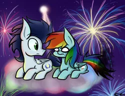 Size: 1024x792 | Tagged: safe, artist:littlecloudie, derpibooru import, rainbow dash, soarin', burnt, female, fireworks, male, shipping, soarindash, straight