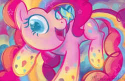 Size: 1280x828 | Tagged: safe, artist:ghostlymuse, derpibooru import, pinkie pie, pony, twilight's kingdom, bow, colored pupils, cute, diapinkes, hair bow, happy, open mouth, rainbow power, rainbow power-ified, solo, stars