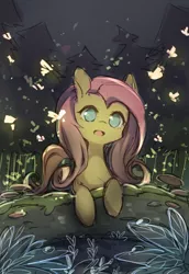 Size: 1015x1476 | Tagged: safe, artist:huaineko, derpibooru import, fluttershy, firefly (insect), insect, pony, cute, female, forest, happy, mare, night, open mouth, pixiv, shyabetes, solo