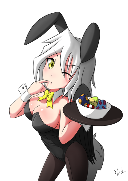 Size: 2894x4093 | Tagged: anime, artist:s1k bo1, breasts, bunny suit, clothes, cufflinks, cuffs (clothes), dead source, derpibooru import, easter, easter egg, female, holiday, human, humanized, humanized oc, leotard, oc, oc:captain white, suggestive, tailed humanization, tray, unofficial characters only, wings