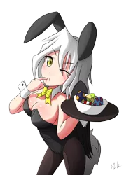 Size: 2894x4093 | Tagged: anime, artist:s1k bo1, breasts, bunny suit, clothes, cufflinks, cuffs (clothes), dead source, derpibooru import, easter, easter egg, female, holiday, human, humanized, humanized oc, leotard, oc, oc:captain white, suggestive, tailed humanization, tray, unofficial characters only, wings
