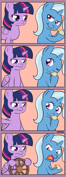 Size: 563x1500 | Tagged: safe, artist:empyu, derpibooru import, trixie, twilight sparkle, twilight sparkle (alicorn), alicorn, pony, 4koma, comic, female, food, mare, quesadilla, they're just so cheesy, wheel, wheels trixie