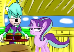 Size: 1024x724 | Tagged: artist:kaiamurosesei, burger, crossover, dave the intern (sonic boom), derpibooru import, food, safe, sonic boom, sonic the hedgehog (series), starlight glimmer