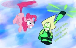 Size: 831x528 | Tagged: artist:changeling #209458, crossover, derpibooru import, pericopter, peridot (steven universe), pinkie being pinkie, pinkiecopter, pinkie physics, pinkie pie, safe, steven universe, tailcopter