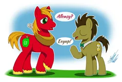 Size: 1100x740 | Tagged: safe, artist:fuzon-s, derpibooru import, big macintosh, doctor whooves, time turner, earth pony, pony, slice of life (episode), allons-y, bowtie, dialogue, eeyup, male, peter new, raised hoof, simple background, stallion, voice actor, voice actor joke