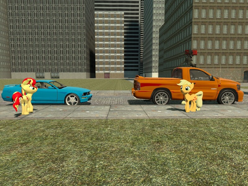 Size: 1024x768 | Tagged: 3d, applejack, car, derpibooru import, dodge (car), dodge ram, ford, ford mustang, gmod, safe, sentry gun, sunset shimmer, team fortress 2