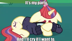 Size: 1091x614 | Tagged: amending fences, caption, crying, derpibooru import, image macro, it's my party, lesley gore, meme, moondancer, party, safe, screencap, song reference, text