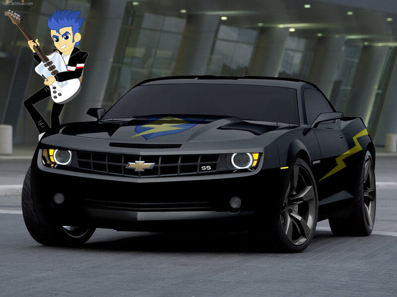 Size: 1032x774 | Tagged: safe, artist:vipeydashie, derpibooru import, flash sentry, equestria girls, car, chevrolet, chevrolet camaro, equestria girls in real life, flash sentry's car, guitar, musical instrument, obligatory pony, photo