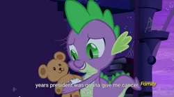 Size: 1279x712 | Tagged: amending fences, cancer (disease), caption, derpibooru import, edit, edited screencap, meme, safe, screencap, spike, teddy bear, twilight's canterlot home, youtube caption