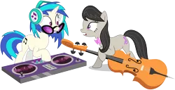 Size: 11700x6000 | Tagged: safe, artist:caliazian, derpibooru import, octavia melody, vinyl scratch, earth pony, pony, unicorn, slice of life (episode), absurd resolution, background pony, bowtie, cello, cutie mark, duo, female, headphones, hooves, horn, mare, mixing console, musical instrument, open mouth, simple background, sunglasses, transparent background, vector