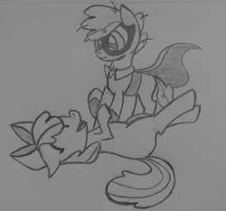 Size: 934x874 | Tagged: apple bloom, artist:poorlydrawnpony, derpibooru import, humdrum, humdrum (pony), monochrome, power ponies, safe, tickling, traditional art