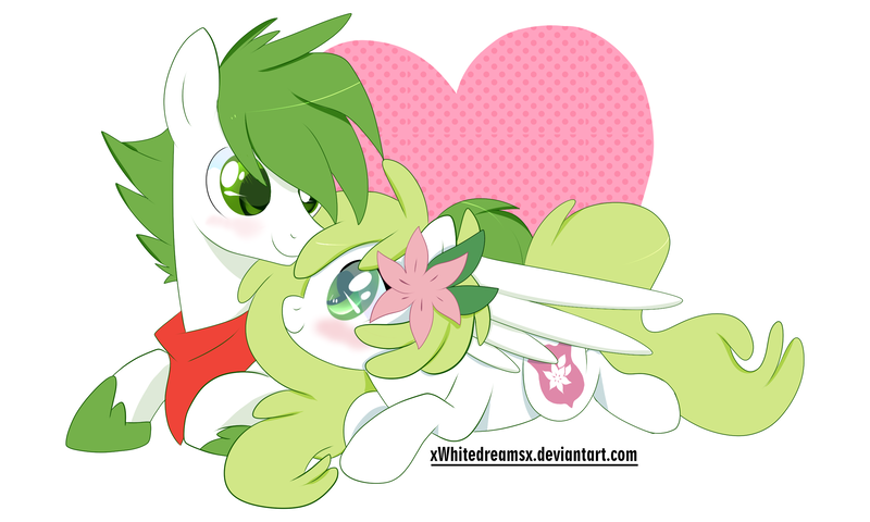 Size: 2500x1500 | Tagged: safe, artist:xwhitedreamsx, derpibooru import, oc, oc:gracidea, ponified, pegasus, pony, shaymin, blushing, cuddling, female, flower, flower in hair, male, mare, pokémon, shipping, smiling, snuggling, straight