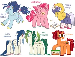 Size: 1024x788 | Tagged: safe, artist:fishervk, derpibooru import, oc, oc:april showers (2), oc:junebug, oc:may flowers, oc:party popper, oc:puddle jumper, oc:valentine, unofficial characters only, bird, duck, earth pony, pegasus, pony, adoptable, bell, bells, boots, card, confetti, duckling, female, flower, flower in hair, glasses, inchworm, mare, raincoat, shoes, unshorn fetlocks