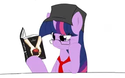 Size: 1390x862 | Tagged: artist:melynxe, book, derpibooru import, female, glasses, hat, nostalgia critic, reading, safe, solo, that guy with the glasses, twilight (series), twilight sparkle