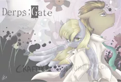 Size: 1280x867 | Tagged: safe, artist:craftykraken, derpibooru import, derpy hooves, doctor whooves, time turner, pony, anime, bipedal, bubble, clothes, crossover, cuffs (clothes), gears, looking at you, looking up, necktie, obtrusive watermark, open mouth, spread wings, steins;gate, trenchcoat, watermark, wings