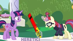 Size: 1280x720 | Tagged: safe, derpibooru import, edit, moondancer, twilight sparkle, twilight sparkle (alicorn), alicorn, pony, unicorn, amending fences, chainsword, heresy, sword, this will end in pain, warhammer (game), warhammer 40k, weapon