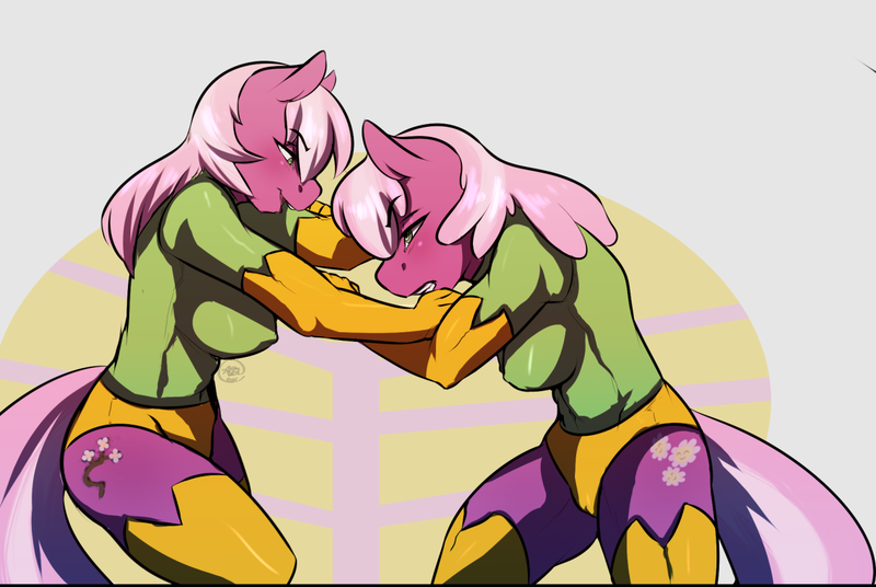 Size: 1280x857 | Tagged: dead source, suggestive, artist:avante92, derpibooru import, idw, cheerilee, cherry blossom (idw), anthro, earth pony, clothes, cutie mark, duo, female, leotard, siblings, sisters, socks, sports, thigh highs, twins, wrestling