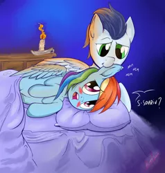 Size: 872x916 | Tagged: safe, artist:kerslap, derpibooru import, rainbow dash, soarin', bed, belly button, biting, blushing, candle, ear bite, female, horses doing horse things, male, nom, shipping, soarindash, straight