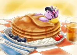 Size: 3559x2531 | Tagged: safe, artist:otakuap, derpibooru import, twilight sparkle, twilight sparkle (alicorn), alicorn, pony, butter, cute, daaaaaaaaaaaw, eyes closed, female, food, i'm pancake, mare, micro, on back, pancakes, ponies in food, sleeping, smiling, solo, twiabetes, weapons-grade cute