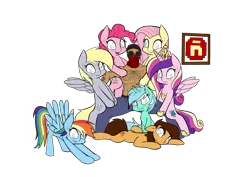 Size: 1016x718 | Tagged: creepy, creepy smile, dead source, derpibooru import, fluttershy, hispachan, human, lyra heartstrings, oc, oc:anon, oc:maría teresa de los ponyos paguetti, pinkie pie, princess cadance, rainbow dash, safe, simple background, smiling, transparent background, zeta