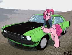 Size: 1280x989 | Tagged: artist:askdukepony, car, derpibooru import, dodge (car), dodge dart, pinkie pie, pinup, safe, solo