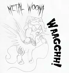 Size: 777x826 | Tagged: artist:negativefade, cartographer's cap, derpibooru import, female, filly, hat, metal, metal goddess luna, microphone, monochrome, moonstuck, princess luna, safe, simple background, solo, traditional art, waaagh!, white background, woona, younger