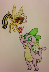 Size: 1931x2840 | Tagged: safe, artist:ameliacostanza, derpibooru import, spike, ponified, breezie, insect, pony, wasp, avengers, avengers: earth's mightiest heroes, crossover, crossover shipping, gem, janet van dyne, shipping, spikexwasp, teasing, tongue out, traditional art