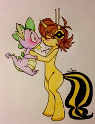 Size: 1846x2408 | Tagged: safe, artist:ameliacostanza, derpibooru import, spike, ponified, dragon, insect, pony, unicorn, wasp, avengers, avengers: earth's mightiest heroes, blushing, crossover, crossover shipping, janet van dyne, kissing, lifting, shipping, spikexwasp, traditional art, wide eyes