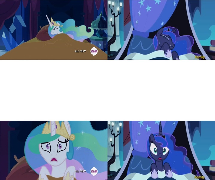 Size: 1704x1424 | Tagged: bed, celestia's nightmare, comparison, derpibooru import, do princesses dream of magic sheep, exploitable meme, luna's nightmare, meme, princess celestia, princess luna, princess shoes, safe, screencap, template