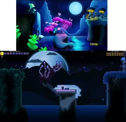 Size: 1412x1364 | Tagged: derpibooru import, do princesses dream of magic sheep, dream, full moon, game screencap, glowing flower, glowing mushroom, luna's dream, moon, mushroom, night, princess luna, safe, surreal, terraria, that was fast, waterfall