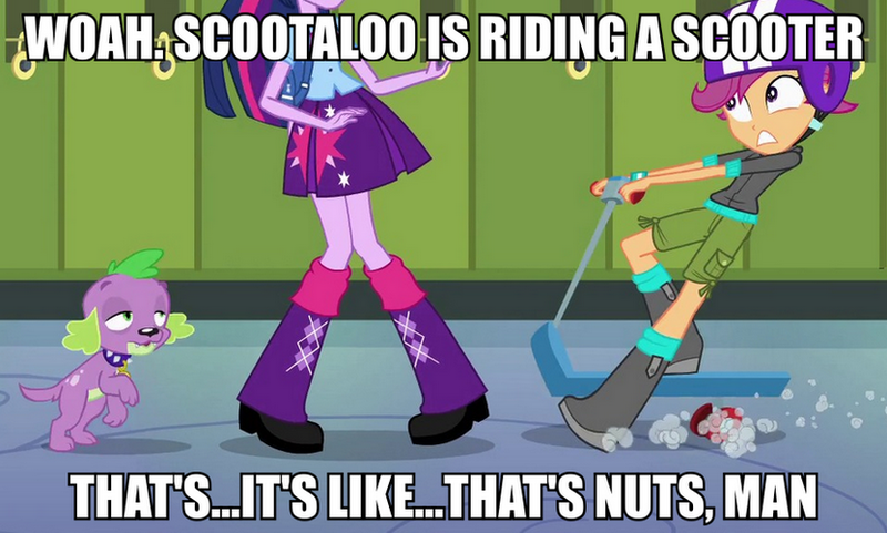 Size: 832x500 | Tagged: safe, derpibooru import, edit, edited screencap, screencap, scootaloo, spike, twilight sparkle, dog, equestria girls, equestria girls (movie), caption, image macro, meme, spike the dog, stoner spike, text