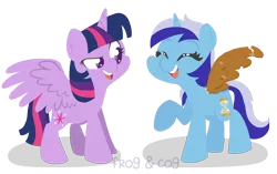 Size: 1500x942 | Tagged: safe, artist:coggler, artist:frog&cog, artist:gopherfrog, derpibooru import, minuette, twilight sparkle, twilight sparkle (alicorn), alicorn, pony, unicorn, amending fences, cardboard, cardboard wings, cutie mark, duo, eyes closed, fake wings, female, hooves, horn, lineless, mare, open mouth, simple background, spread wings, tape, teeth, transparent background, wings