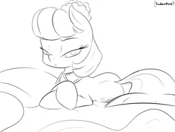Size: 800x600 | Tagged: artist:[redacted], bed, bedroom eyes, coco pommel, derpibooru import, monochrome, solo, suggestive
