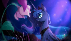 Size: 1800x1039 | Tagged: safe, artist:rocy canvas, derpibooru import, princess luna, alicorn, pony, do princesses dream of magic sheep, dream, female, flower, giant flower, luna's dream, mare, night, solo, surreal