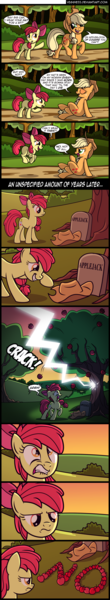 Size: 800x4373 | Tagged: dead source, safe, artist:veggie55, derpibooru import, apple bloom, applejack, lightning bolt, white lightning, earth pony, pony, alternate cutie mark, apple, apple tree, applejack's hat, comic, cowboy hat, dark comedy, death, dialogue, female, food, grave, gravestone, hat, lightning, mare, no, older, older apple bloom, tree