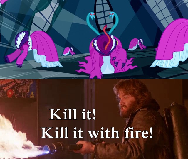 Size: 640x542 | Tagged: safe, derpibooru import, screencap, human, nightmare dress monster, do princesses dream of magic sheep, clothes, dress, flamethrower, image, john carpenter's the thing, jpeg, kill it with fire, kurt russell, living clothes, macready, meme, movie, r.j. macready, the thing, weapon