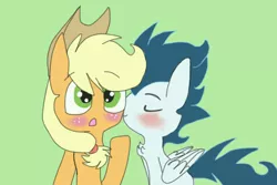 Size: 600x400 | Tagged: applejack, artist:rainbownightfury, blushing, derpibooru import, female, kissing, male, safe, shipping, soarin', soarinjack, straight